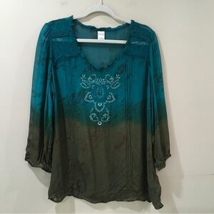 Bila Top Tunic Green Sheer Women XL Boho Beach Hippie Costal Casual Ombre